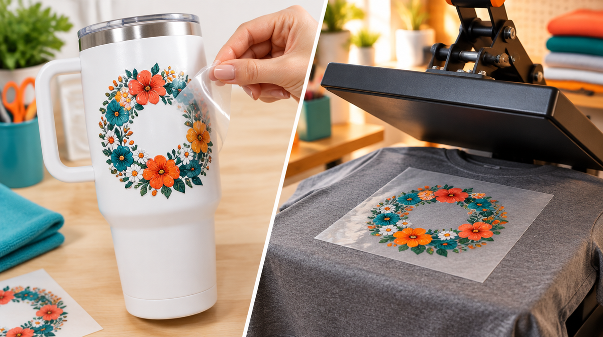 UV DTF sticker being applied to a white tumbler next to a heat press pressing a DTF transfer onto a grey t-shirt
