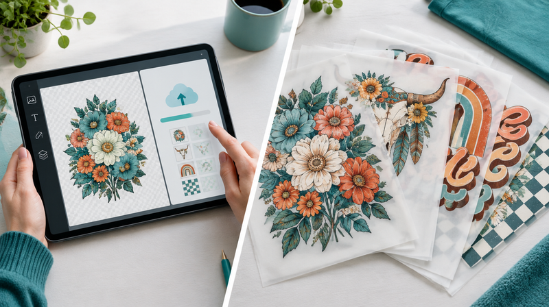Custom artwork upload on a tablet next to a stack of ready-made DTF transfers