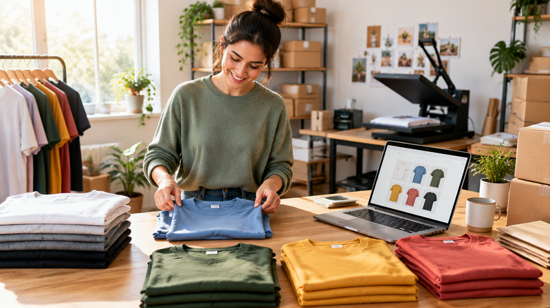 Entrepreneur folding custom printed t-shirts in a small home studio