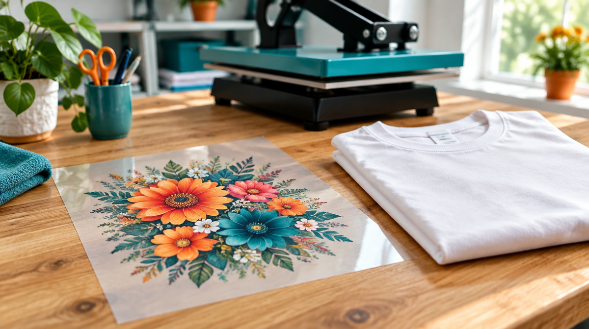 DTF transfer film with a printed design next to a white t-shirt and heat press