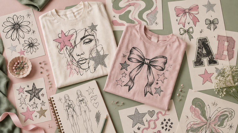 Moodboard of graphic t-shirts and transfer sheets showing 2027 design trends