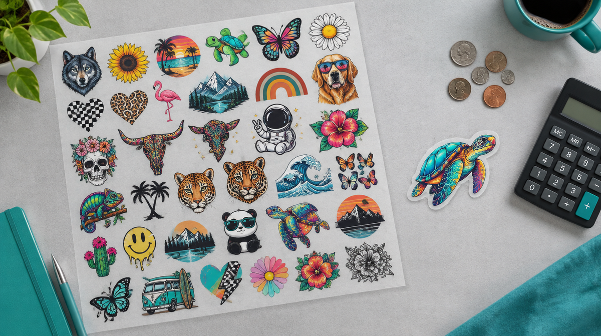 A full DTF gang sheet with many designs beside a single cut-out transfer