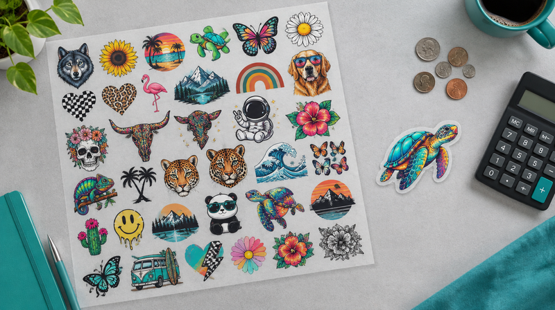 A full DTF gang sheet with many designs beside a single cut-out transfer
