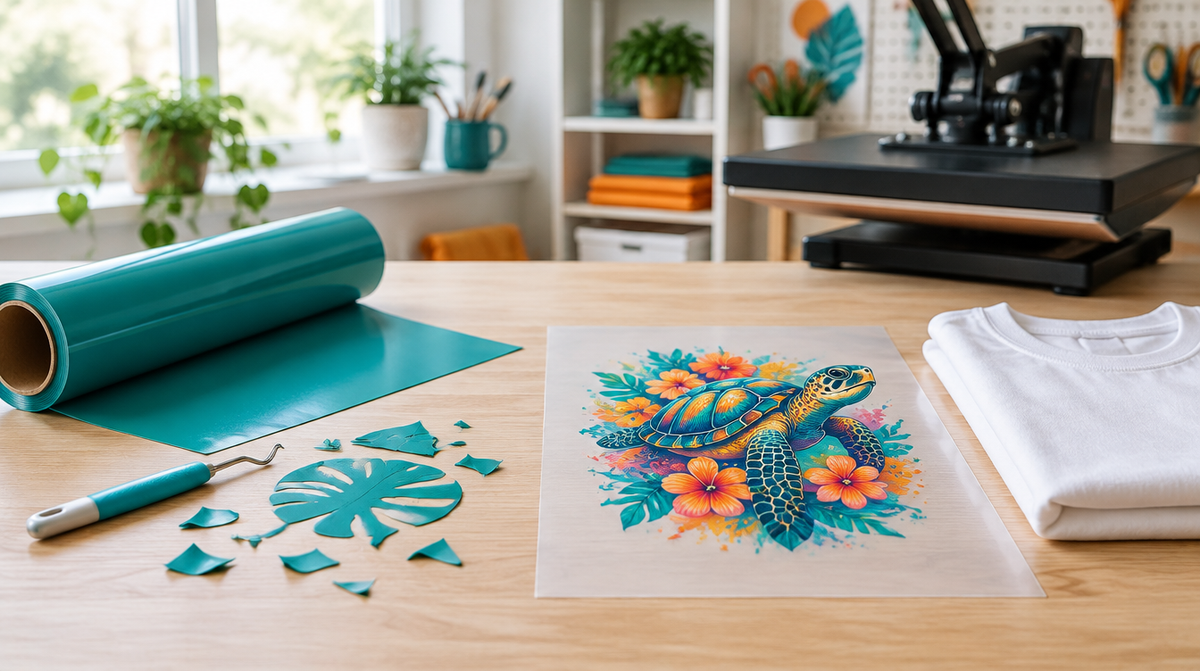 Craft workbench with a roll of heat transfer vinyl and a weeding tool beside a full-color DTF transfer sheet and a white t-shirt