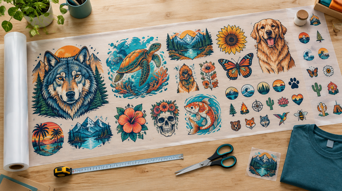 Long DTF gang sheet filled with colorful designs of different sizes unrolled on a wooden table beside a measuring tape and scissors