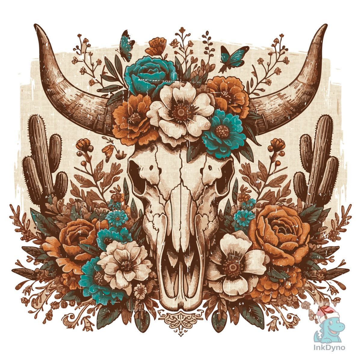 Western Desert Cow Skull & Cactus