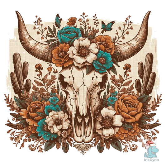 Western Desert Cow Skull & Cactus - DTF Transfer