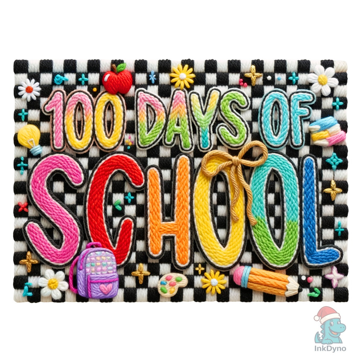 Faux Yarn Checkered 100 Days School Bow