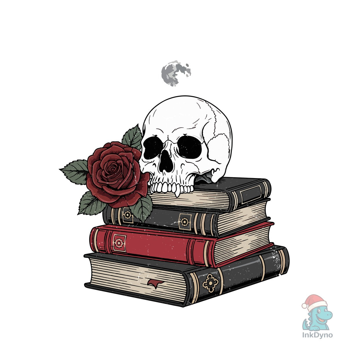 Halloween Skull with Rose & Books
