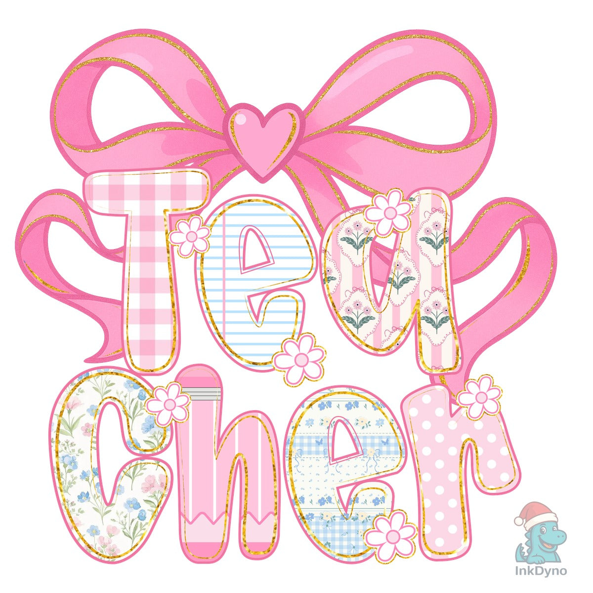 Pink Heart Bow Teacher Patch