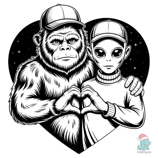 Funny Bigfoot and Alien Love T-shirt - DTF Transfer