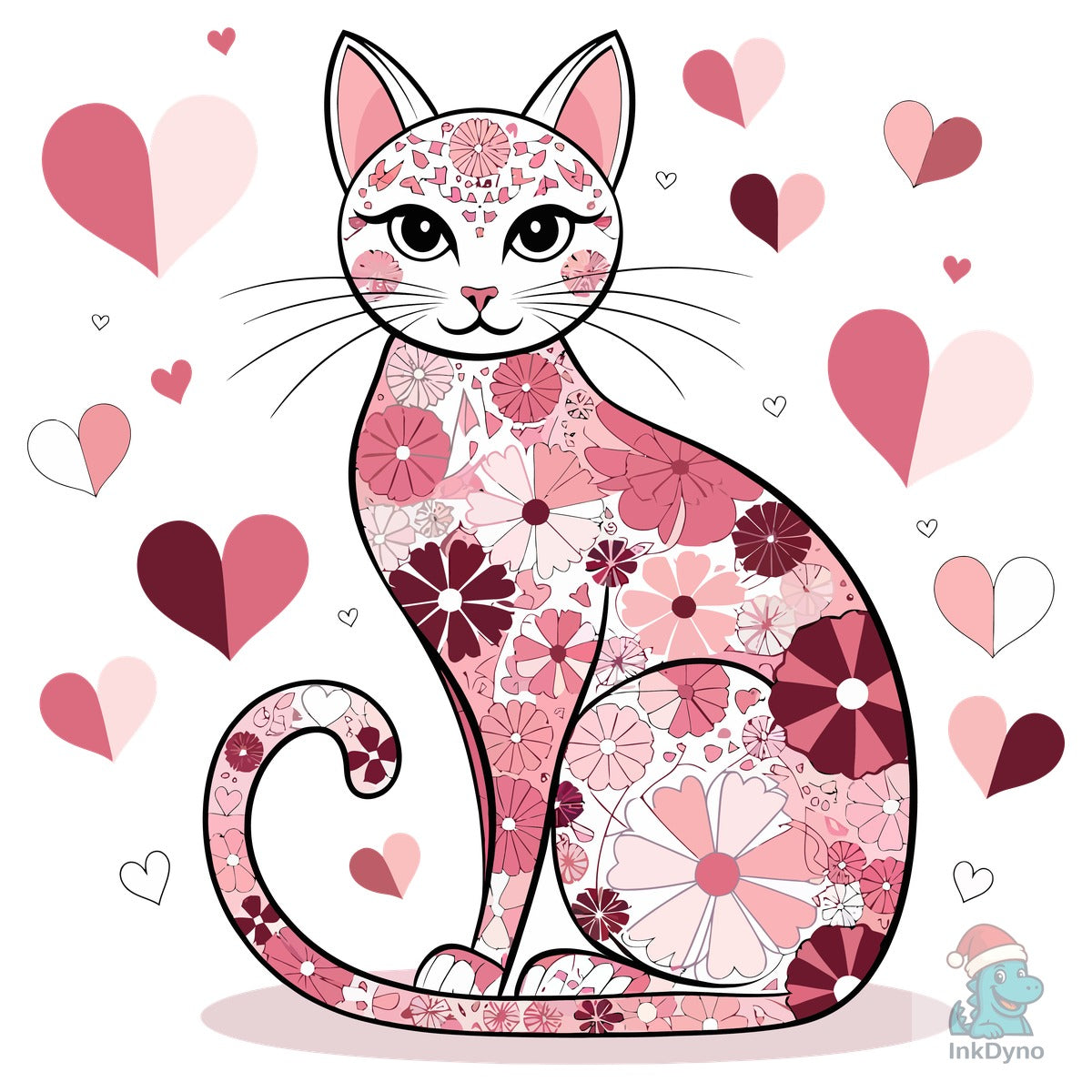 Floral Cat Design with Heart Accents