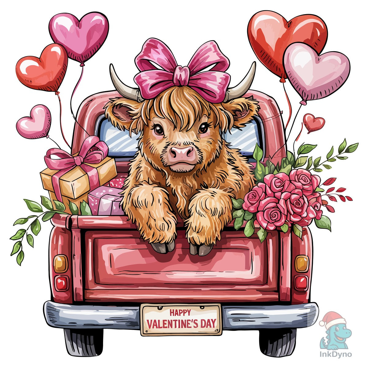 Highland Cow Red Truck Valentines Day