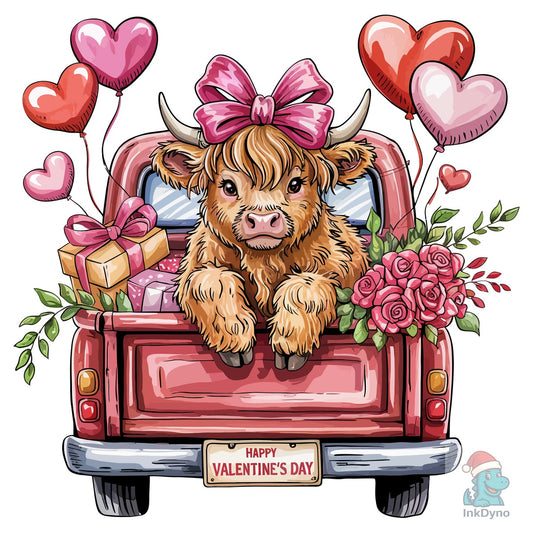 Highland Cow Red Truck Valentines Day - DTF Transfer