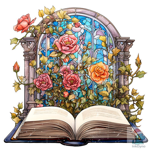Jesus Stained Glass Bible Book Roses - DTF Transfer