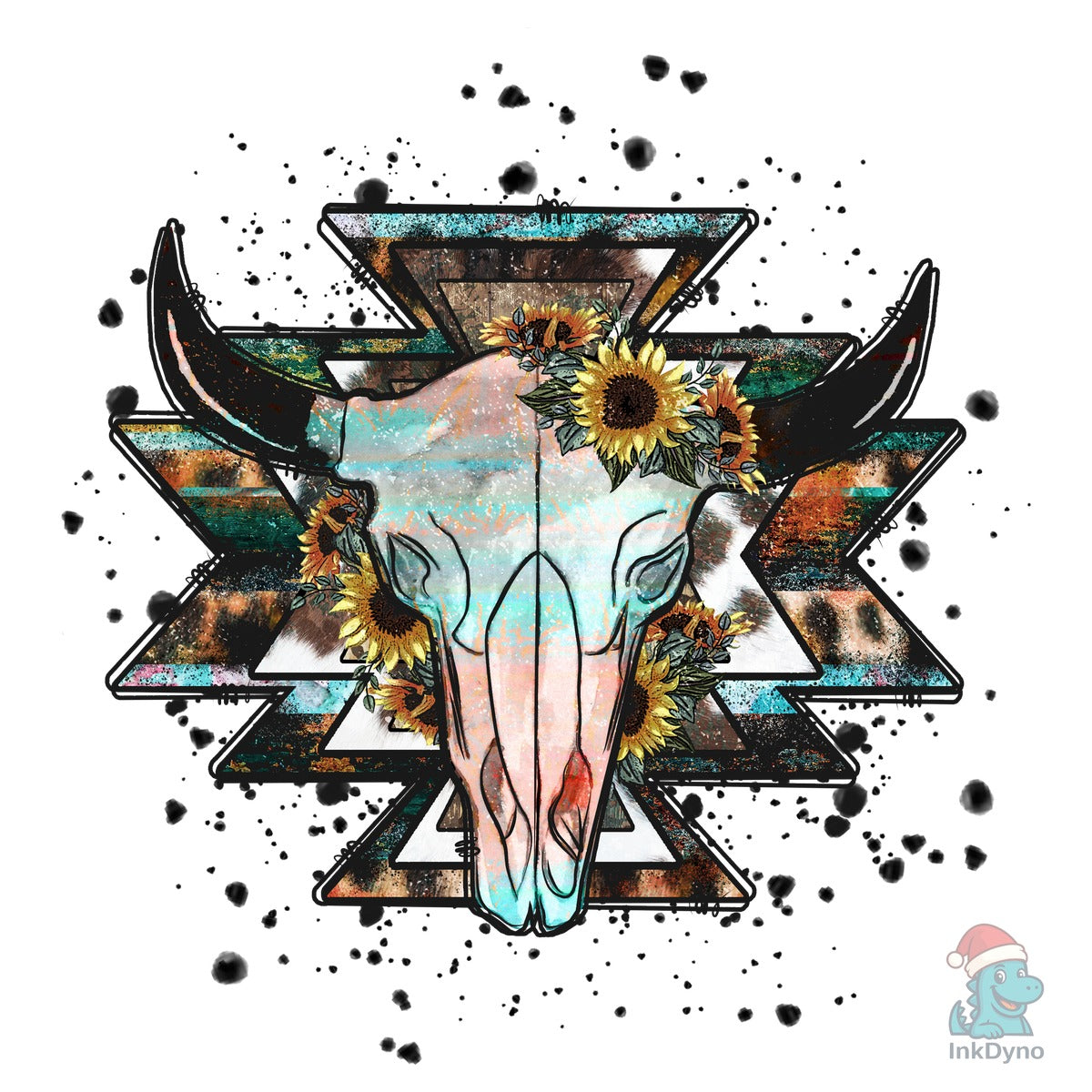 Aztec Western Cow Skull with Sunflowers