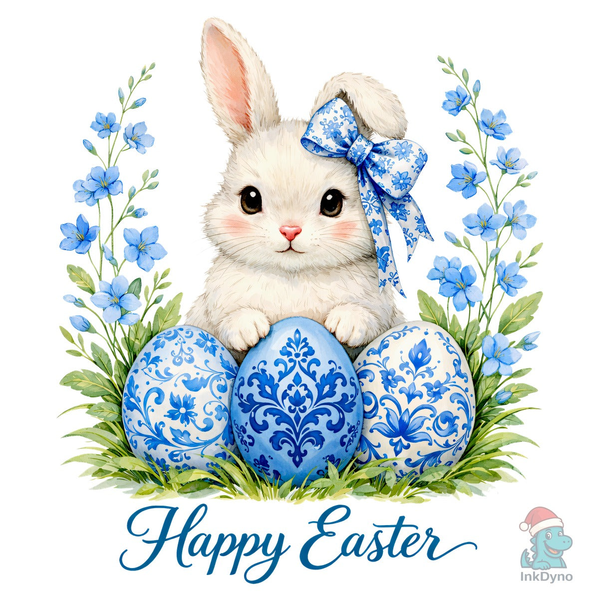 Floral Toile Blue Easter Bunny