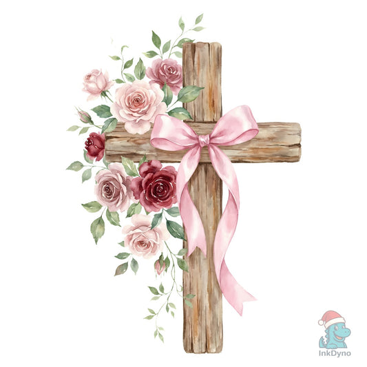 Watercolor Floral Cross with Pink - DTF Transfer