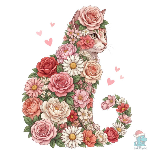 Floral Cat Illustration Roses Flower - DTF Transfer