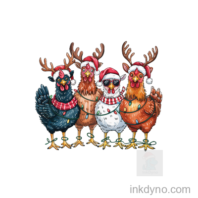 Festive Chicken Quartet In Santa Hats Design — DTF Transfer