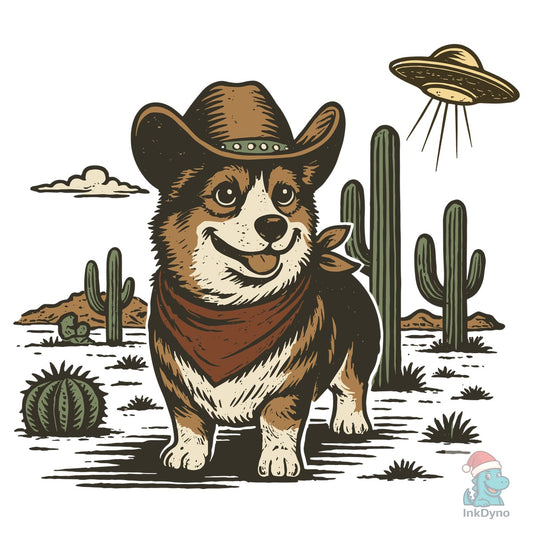 Vintage Corgi Cowboy UFO Alien Desert - DTF Transfer