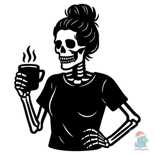 Skeleton Woman Messy Bun Drinking Coffee - DTF Transfer
