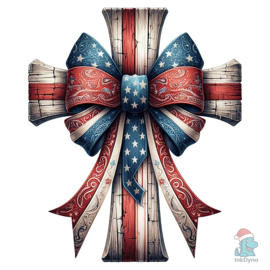 Patriotic Wooden Cross with Bow - DTF Transfer