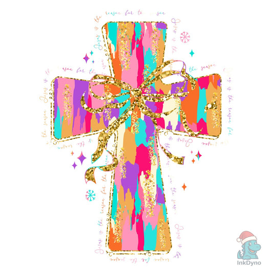 Colorful Bow Glitter Jesus Cross - DTF Transfer