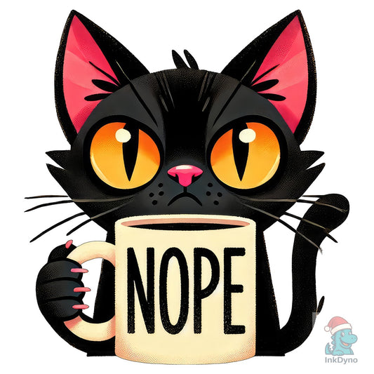 Grumpy Black Cat with Coffee Mug - DTF Transfer