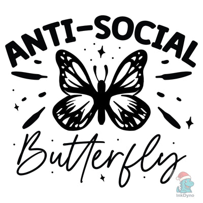 Anti-Social Butterfly Minimalist DTF transfer - Black butterfly with 'ANTI-SOCIAL Butterfly' text and star accents