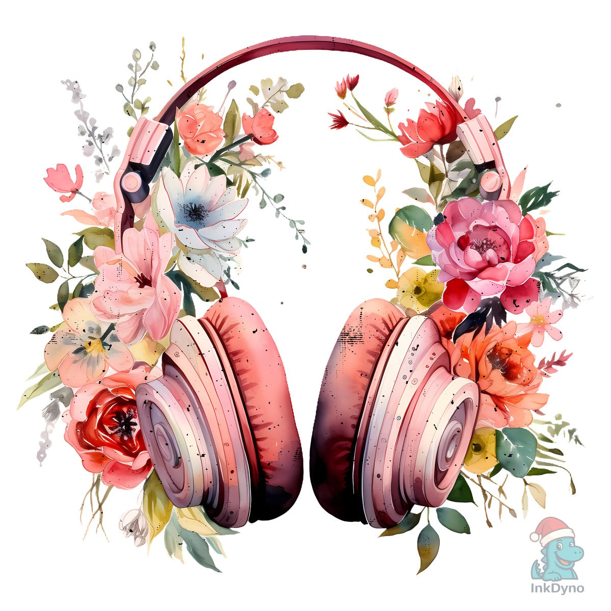 Pink Retro Headphones Wild Flowers