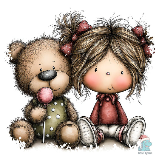 Girl and Bear Whimsical Valentine Square - DTF Transfer