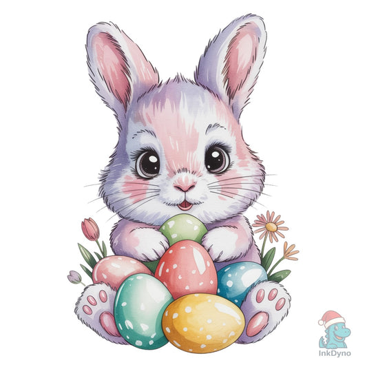 Cute Easter Bunny with Colorful Eggs - DTF Transfer