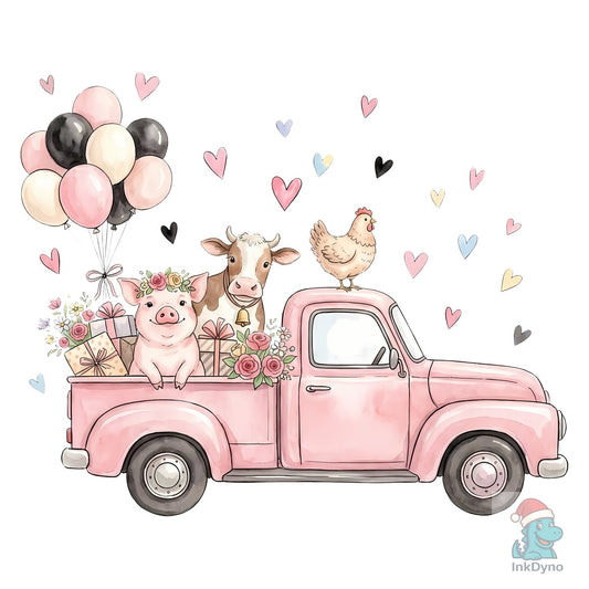 Cute Farm Animals Pink Vintage Truck - DTF Transfer