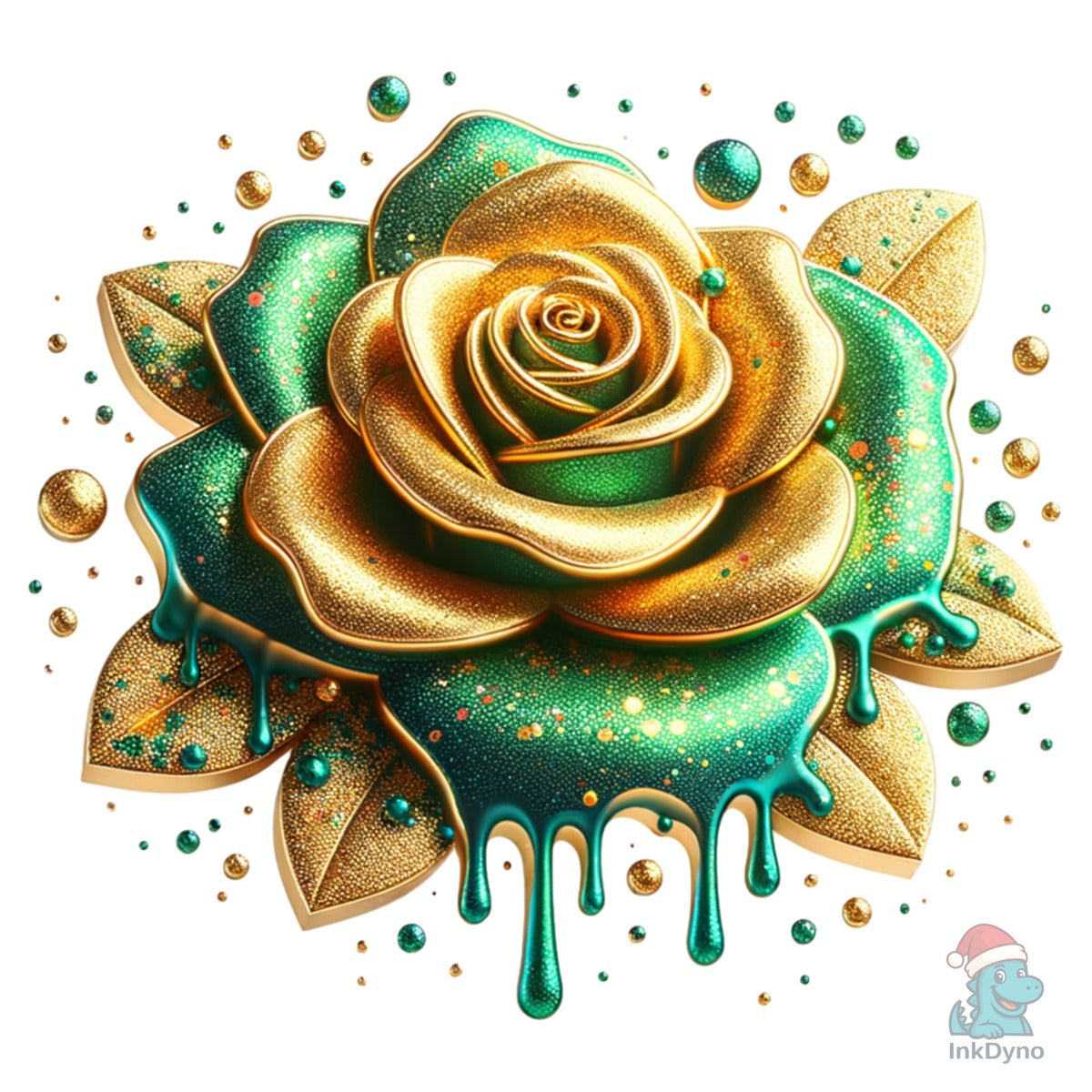 3D Glitter Gold Green Rose Flower