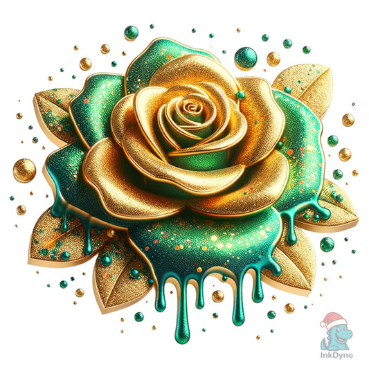 3D Glitter Gold Green Rose Flower - DTF Transfer