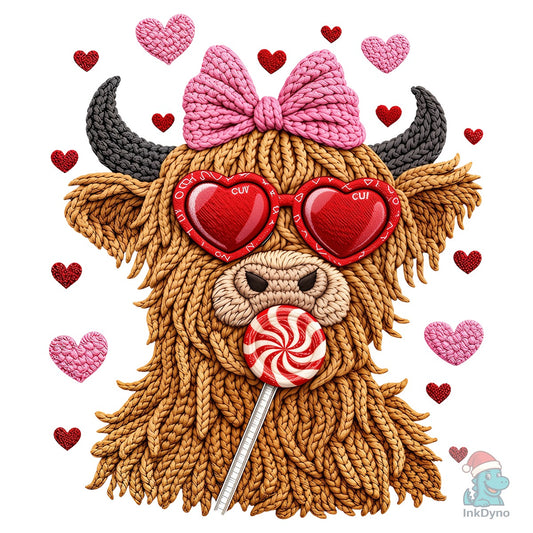 Faux Crochet Valentine Highland Cow - DTF Transfer