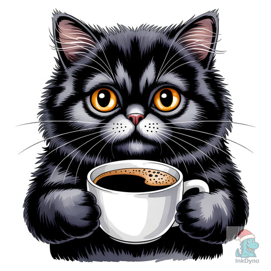 Watercolor Black Cat with Coffee Cup - DTF Transfer