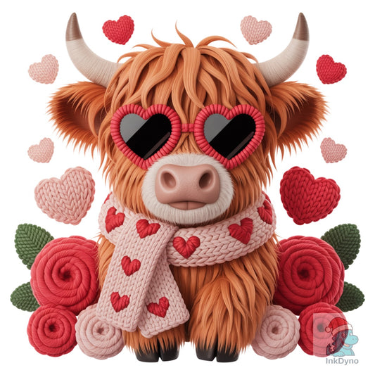Crochet Valentine Highland Cow Heart - DTF Transfer