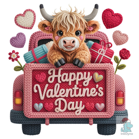 Yarn Happy Valentines Day Cow Truck - DTF Transfer