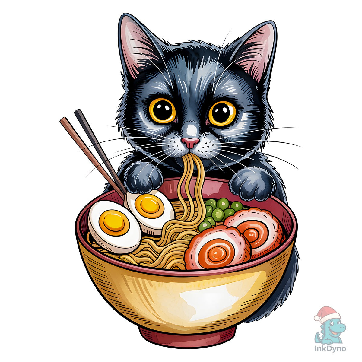 Black Cat Eating Ramen Bowl