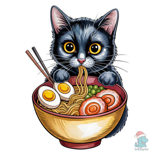 Black Cat Eating Ramen Bowl - DTF Transfer
