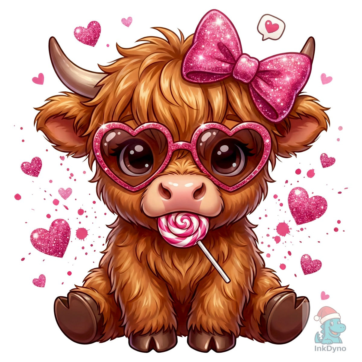 Cute Highland Cow & Glitter Hearts