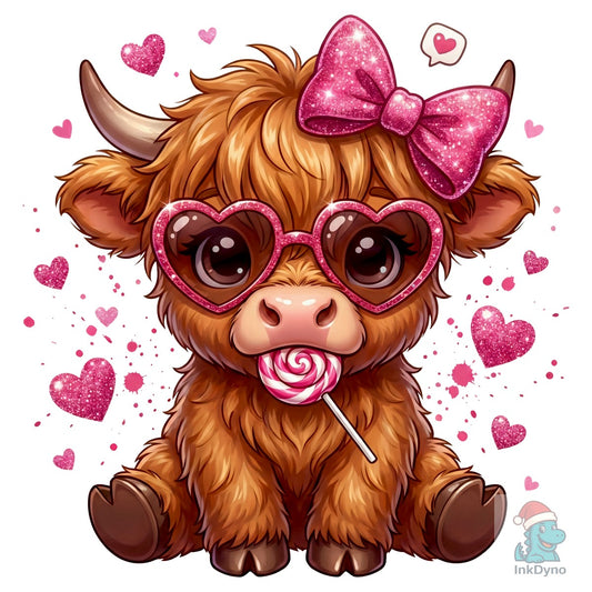 Cute Highland Cow & Glitter Hearts - DTF Transfer