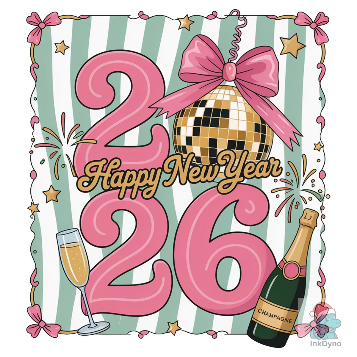 Happy New Year 2026 Disco Ball Bow