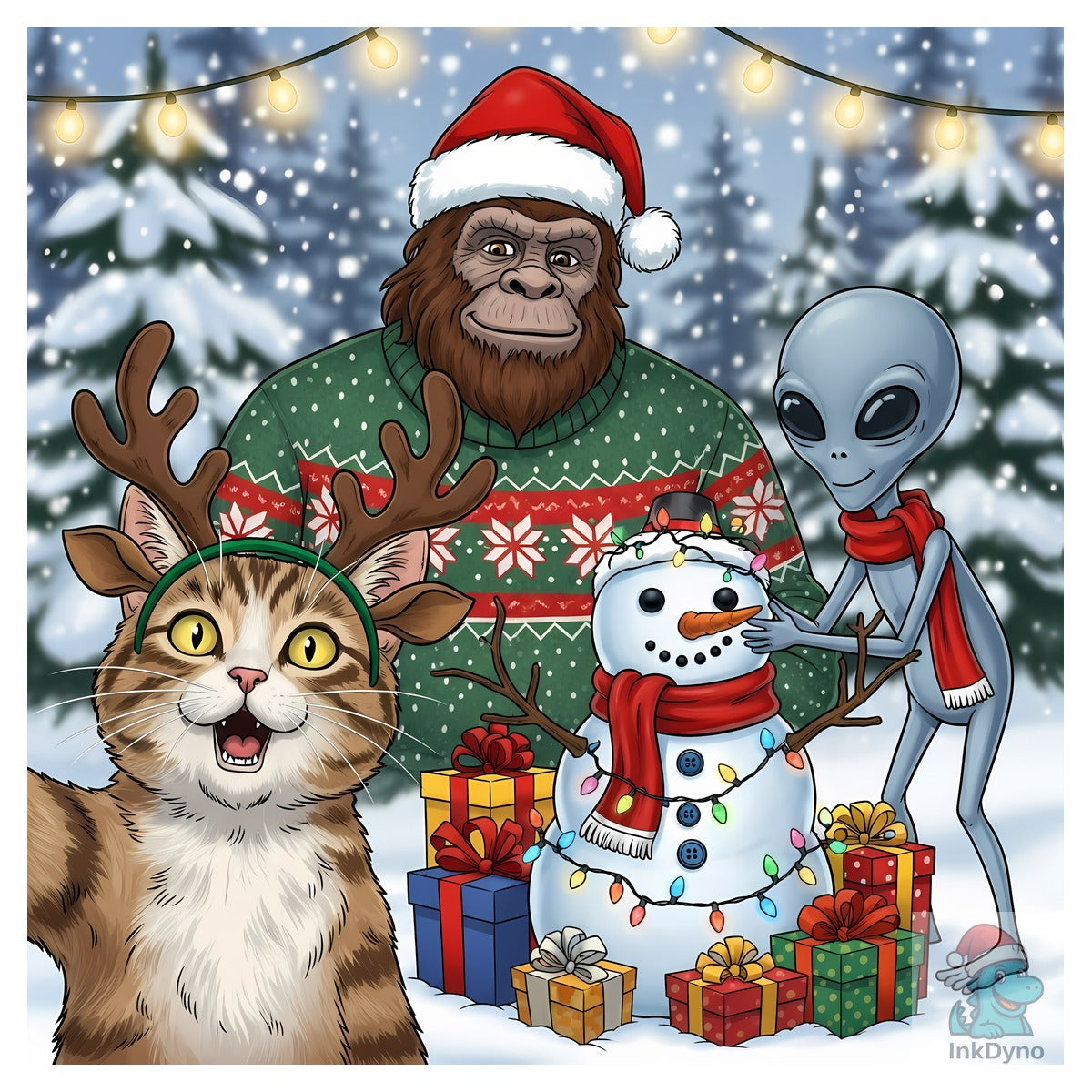 Cat Selfie with Bigfoot Alien Snowman