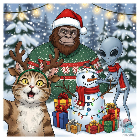 Cat Selfie with Bigfoot Alien Snowman - DTF Transfer