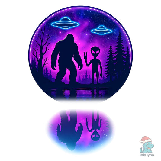 Bigfoot and Alien UFO Neon Galaxy - DTF Transfer
