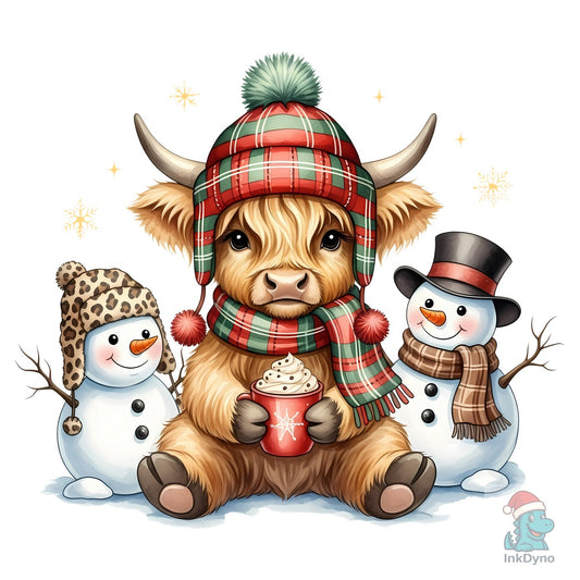 Highland Cow Snowmen & Hot Cocoa - DTF Transfer