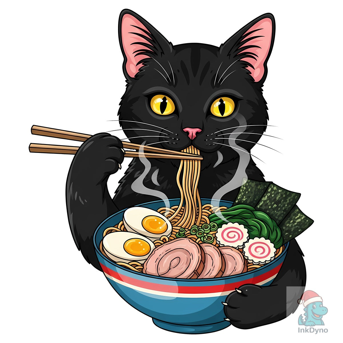 Cute Black Cat Eating Ramen Bowl